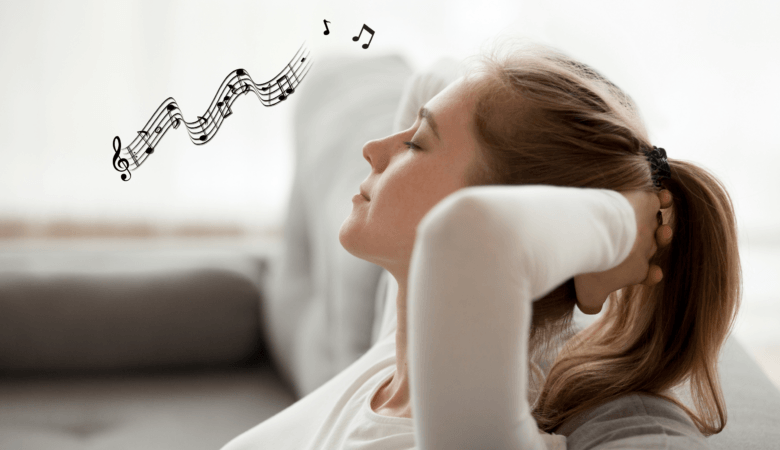 music for anxiety relief - a woman relaxes with eyes closed as bars of music waft through the air