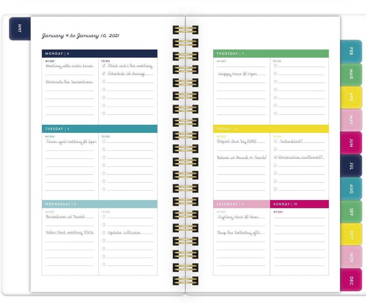 Inside the Simplified Pocket Planner - One Week, each day highlighted with a different color.
