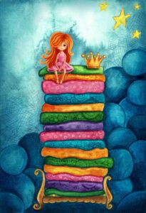 The Princess and th Pea - girl sits on many mattresses and bedding stacked high - to ease the irritation caused by that lumpy pea