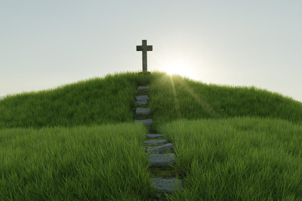 Cross on the hill. Jesus is the Way, the Truth, the Life. iStock.